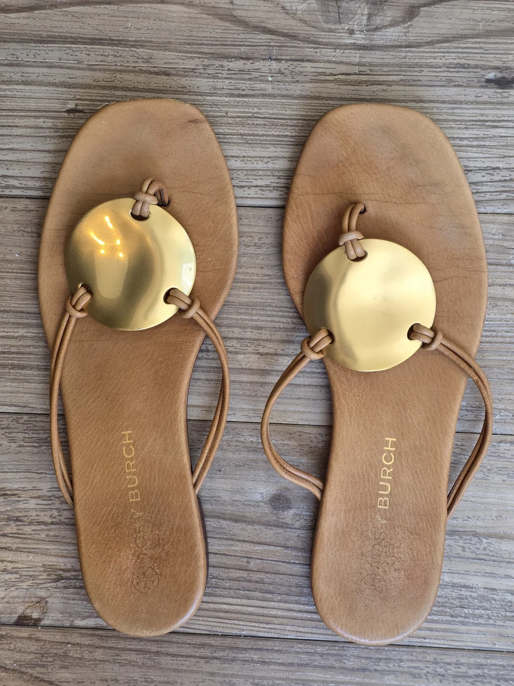 Tory Burch Tan Leather Sandal with Gold Medallion